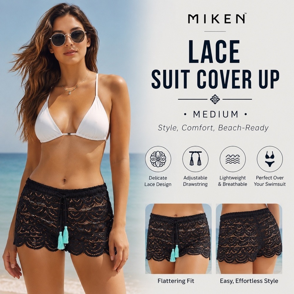 Black Lace Swim Cover Up Shorts Tassel Drawstring Beach‎ Resort Boho Vacation M